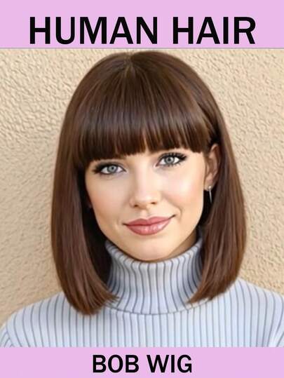 150%密度棕色短刘海波波头假发，真人发丝，无需胶水，方便女性日常佩戴。