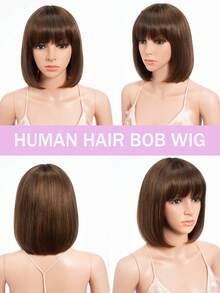 150%密度棕色短刘海波波头假发，真人发丝，无需胶水，方便女性日常佩戴。 - S4 - 查看 4