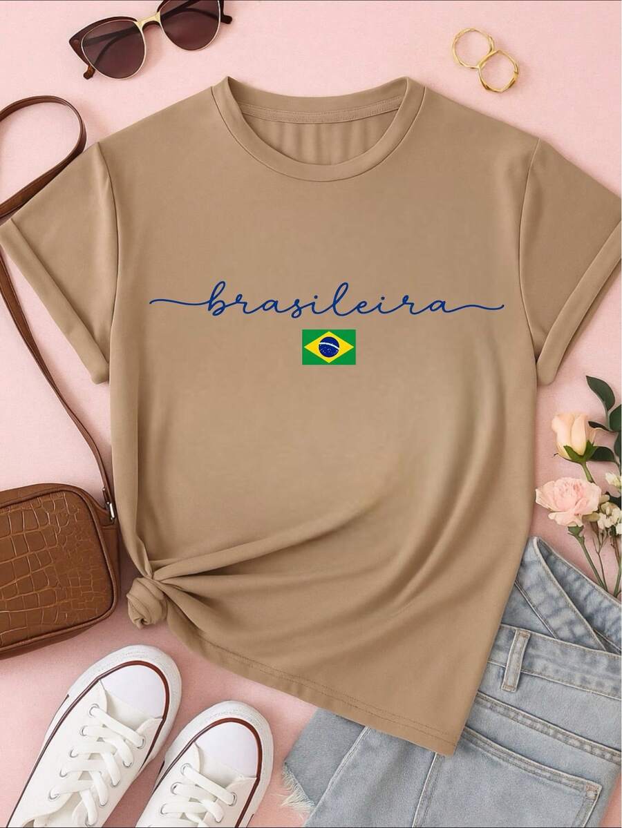 Women's Brazilian Cup T-Shirt 100% Cotton Minimalist Print Casual Comfortable Sizes S-XL - 米色 - 查看 1