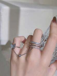 1pc Fashionable Elegant Butterfly Tassel Rhinestone Chain Knuckle Ring, Suitable For Women's Daily Wear, Party And Banquet