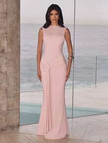 Women's Elegant Sleeveless Backless Mermaid Maxi Knit Cocktail Dress, Formal Evening Gown, Wedding Guest Dress, Party Dress, Valentine's Day Dress - Pink - View 8