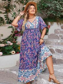 Plus Size Bohemian Style Floral V-Neck Dress, Patchwork Vintage Print Long Dress, Suitable For Vacation And Photo Shooting - Blue - View 2
