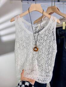 Loose Fit V-Neck Sleeveless Crochet Lace Knit Vest, Layering Cover Up - White - View 7