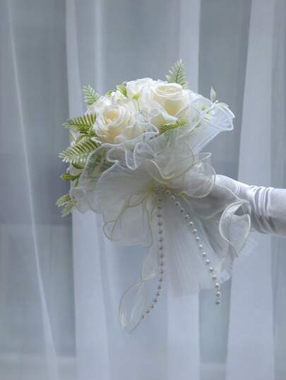 Konstgjord rosbukett, konstgjord rosboll i skogsstil dekorerad med gröna blad och spetsband, perfekt för bröllop, förlovningar, brudbuketter, alla hjärtans dag, födelsedagspresenter, fotorekvisita, bröllopsdekor och heminredning.