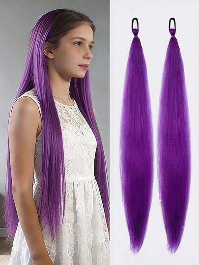 Peluca trenzada de 28 pulgadas de color púrpura con banda elástica, extensiones de cabello para mujeres, coleta trenzada ombre púrpura, material sintético
