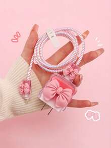 Square Wavy Large Capacity Cable Organizer Bag, 3D Bowknot Charging Cable Protector Case Set, Compatible With Apple 20W Charger, Compatible With IPhone 12/13/14/15/16/17 Pro Max - Cable Winder, Cable Clip, Anti-Breakage Protection - Multicolor - View 8