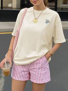 Call Of The Ocean & Sea Turtle Print Loose Summer Women Short Sleeve Top, Casual Wear, Summer T-Shirt, Summer Top, Graphic Tee, Chinese New Year, Lunar New Year, Year Of The Horse, Spring Festival, Happy New Year, Valentine's Day, Valentine's Day Gift, Gift For Her - Apricot - View 3