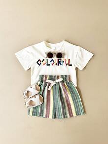 Bộ 2 món cho bé sơ sinh/trẻ nhỏ, áo thun ngắn tay in họa tiết phồng và quần short kẻ sọc, thích hợp cho mùa xuân/hè. - màu xanh lá - Xem 5