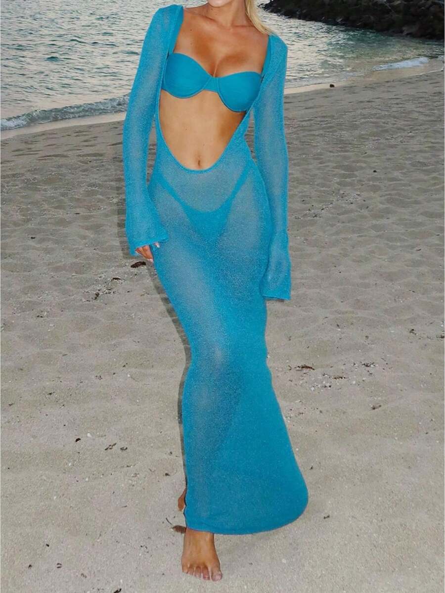 Women Beach Cover Up Solid Color See-Through Long Sleeve Summer Swimsuit Coverup Bathing Suit Cover Ups Long Dresses - Màu xanh lam - Xem 1