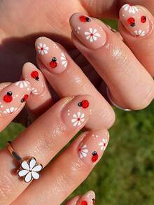 24片椭圆形花朵瓢虫美甲贴纸，法式亚克力材质，完美贴合，套装包含：1瓶果冻胶和1把指甲锉，易于佩戴，适合夏季美甲、法式美甲，是女性和女孩日常、派对的理想之选，绝佳的美甲用品。 - 彩色 - 查看 7