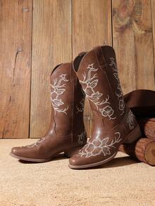 Women's Western Cowboy Embroidered Mid Calf Boots Square Toe  Chunky Low Heel For Country Music Festivals Theme Party And Concert All-Season Coffee Brown Boots - 咖啡棕 - 查看 5