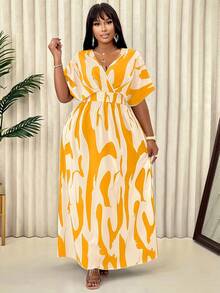 BIUBIU Gaun Wanita Ukuran Besar dengan Motif Abstrak dan Detail Lipatan di Bagian Depan, Gaun Pantai Longgar dan Elegan untuk Liburan Musim Panas - Aprikot - View 4