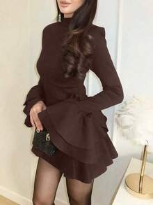 Vestido formal de manga larga con cuello de volantes/volantes multicapa de tela de punto de unicolor elegante para mujer, adecuado para otoño y primavera - Café integral - Ver 3