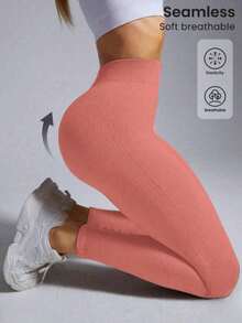Set Of 3 Ribbed High-Waisted Leggings In High-Compression Polyamide - Pto/Cafe/Coral - View 4