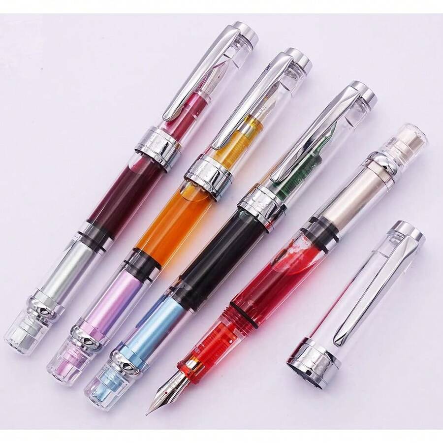 4 X Yongsheng 3008 Fountain Pen Upgrated Fine Nib,Silver Trim,Piston Filling, Transparent - 3008ASilverTrimF - View 1