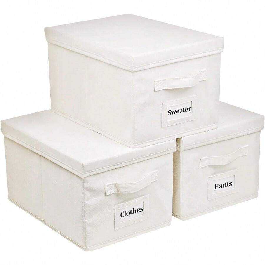 3 Pcs Closet Sge Bins With Lids Labels Handles 15 22 Quart Collapsible Fabric Stackable Sge Bin Cube Organizer Lidded Organizing Boxes Sge Containers - Màu be - Xem 1