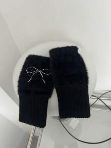 1 Pair Women's Fashion Plush Bow Rhinestone Half Finger Gloves, Versatile Casual Warm Winter Fingerless Gloves For Students, Writing, Office Summer - Multicolor - View 9