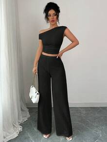 Sexy Off Shoulder Asymmetrical Neck Sleeveless Slim Fit Top And Wide Leg Pants Two Pieces Set With Knitted Textured Fabric Casual Commute Elegant Daily Vacation Beach Outfits Going Out Travel Hot Girl Style Spring And Summer New Women's Clothing - Kose - View 4