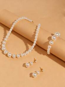 Bộ 4 món trang sức thời trang thanh lịch dành cho bé gái, gồm vòng cổ, vòng tay và bông tai đính ngọc trai giả, thích hợp đeo hàng ngày, dự tiệc và làm quà tặng. - Nhiều màu - Xem 6