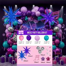 144件套音乐猎人KPOP主题气球拱门套装，包含爆裂星、迪斯科星、星形和音符铝箔气球，以及浅粉色、深紫色、浅紫色和蓝色乳胶气球。适用于生日派对、舞会装饰、单身派对和迪斯科主题活动。 - 彩色 - 查看 13