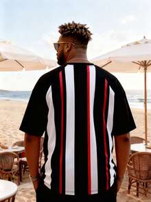 Plus Size Men's Striped Gradient Short Sleeve T-Shirt, Fashionable Casual Colorblock Letter Print T-Shirt, Plus Size Vertical Stripe Sports Tee For Summer - Multicolor - View 3