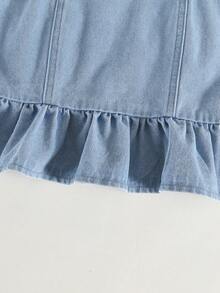 2件套女童户外休闲可爱荷叶边吊带背心和复古水洗直筒牛仔裤套装 - 淺色水洗藍 - 查看 7