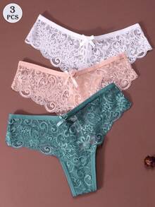 3pcs/Set Sexy Lace Thong Panties, Low Waist For Women - Multicolor - View 2