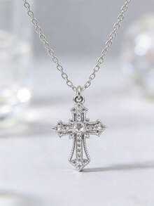 1件简约时尚水钻十字架吊坠不锈钢项链，适合日常佩戴，男女皆宜，派对饰品 - 銀色 - 查看 1