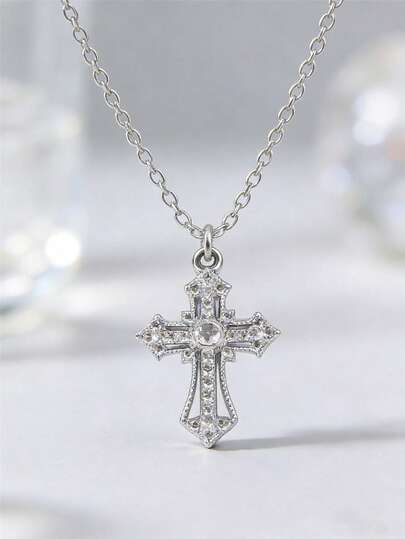 1件简约时尚水钻十字架吊坠不锈钢项链，适合日常佩戴，男女皆宜，派对饰品