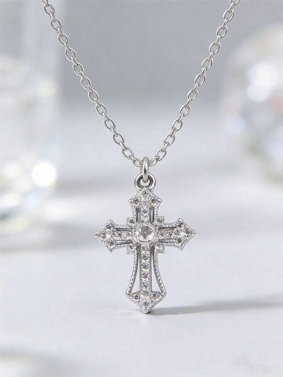 1件简约时尚水钻十字架吊坠不锈钢项链，适合日常佩戴，男女皆宜，派对饰品 - 銀色 - 查看 1