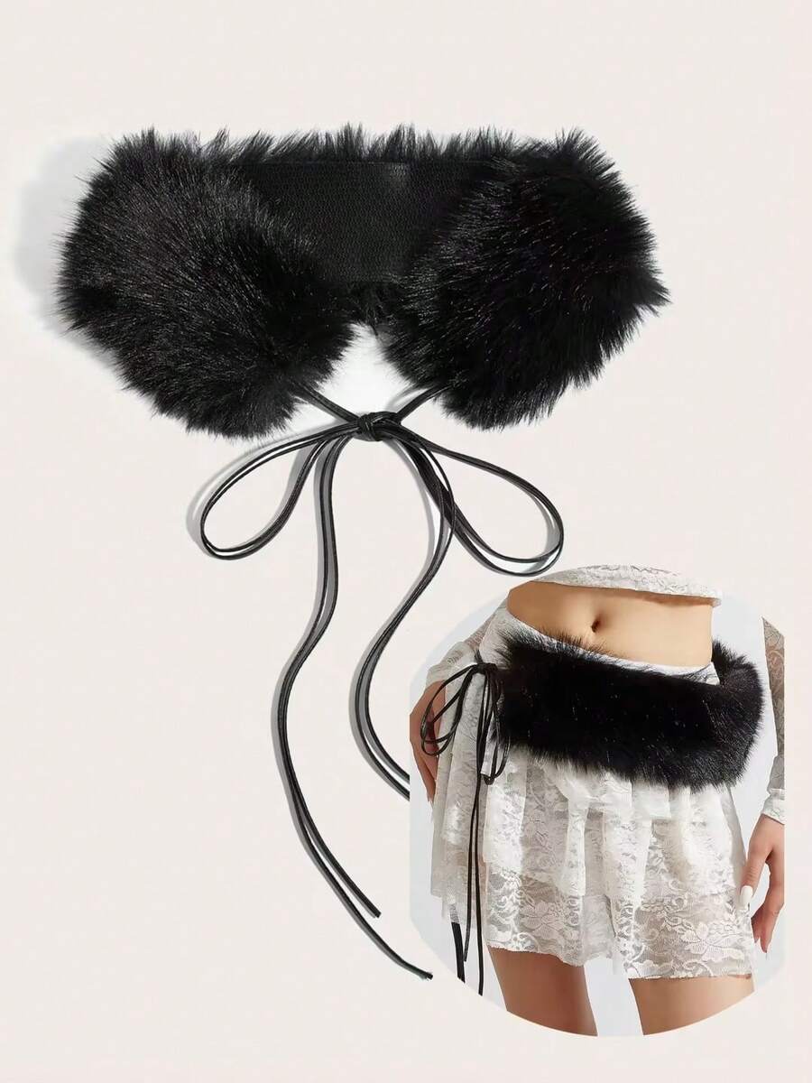 这款多功能毛绒纯色暖黑色腰带，Y2K复古纯色人造毛皮腰绳，性感百搭，适合搭配外套、牛仔裤、连衣裙，可系于颈部、腰间或斜挎，适合日常出行、派对、化装舞会等场合，也是送给朋友、万圣节、圣诞节的绝佳礼物。 - 黑色 - 查看 1
