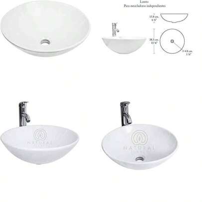 Lavabo Sobremueble Redondo de Cerámica Blanca, Diámetro 38 cm, Acabado en Porcelana de Alta Calidad, Certificación NOM