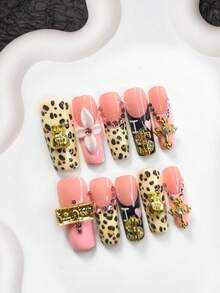 10件套可爱时尚豹纹美甲套装，亚克力按压式美甲贴片，金色福袋，美元，砖块美甲装饰，四叶白花，水钻十字架，粉色闪光水钻设计美甲用品手工按压式美甲贴片 - 彩色 - 查看 10