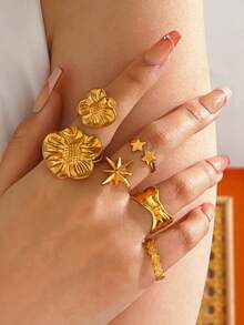 5pcs/Set Stainless Steel 18K Gold Plated Flower & Star Shaped Ring Set, Suitable For Women's Daily, Party Wear, Holiday Gift - Yellow Gold - View 2