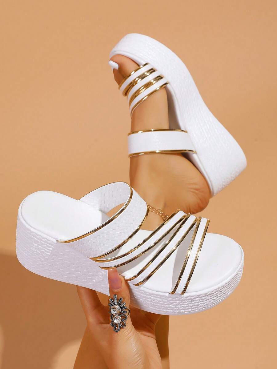 Mẫu sandal đế xuồng dày dặn, tối giản màu trắng, hàng mới về mùa hè, điểm nhấn viền vàng thời trang, thoải mái khi mang đi chơi hoặc nghỉ lễ, kiểu sandal xỏ chân đa năng phù hợp với váy và quần. - trắng - Xem 1
