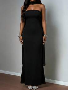 Women's Black Strapless Scarf-Adorned Long Dress, Mermaid Bodycon Style, Suitable For Elegant Evening Events And Refined Date Nights - 黑色 - 查看 6