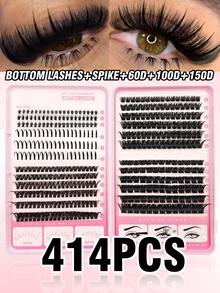 414 piezas DIY Racimos de pestañas, pestañas inferiores/puntiagudas/60D/100D/150D, kit de pestañas D Curl - Con cepillo, pinzas, racimos de pestañas de capacidad grande de 5-20 mm de longitud mixta para principiantes, set de extensiones de racimos de pestañas, racimos de pestañas, pestañas individuales - D - Ver 1