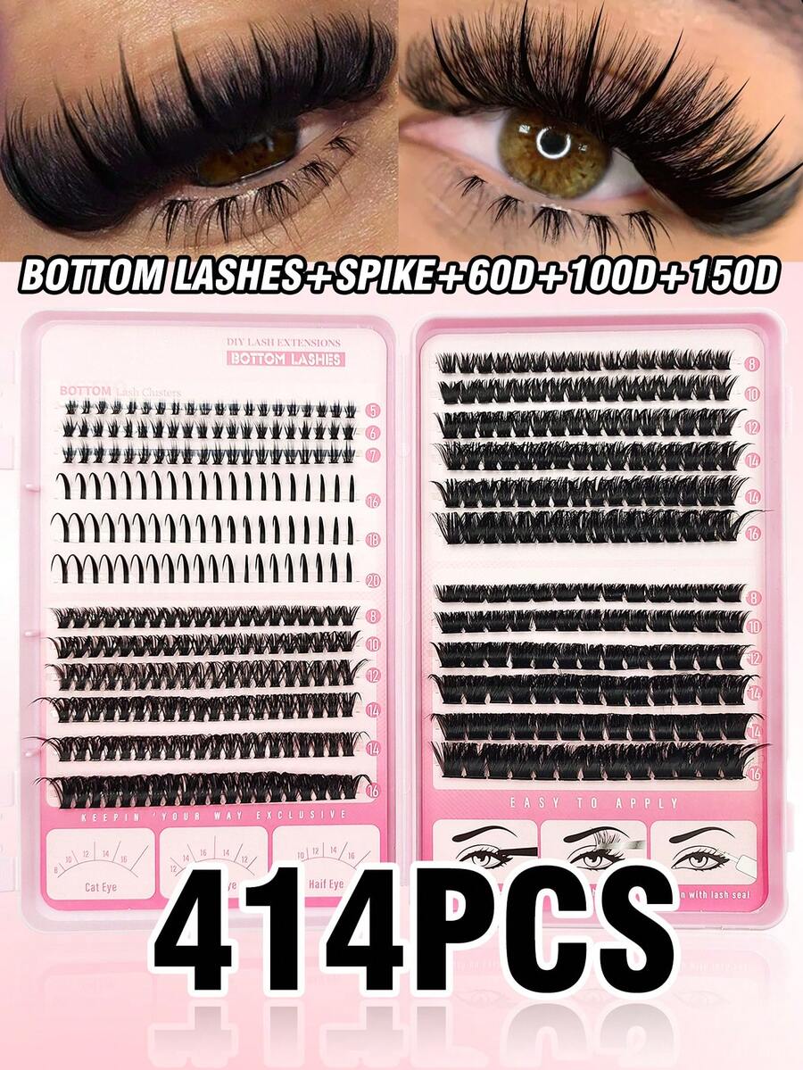 414 piezas DIY Racimos de pestañas, pestañas inferiores/puntiagudas/60D/100D/150D, kit de pestañas D Curl - Con cepillo, pinzas, racimos de pestañas de capacidad grande de 5-20 mm de longitud mixta para principiantes, set de extensiones de racimos de pestañas, racimos de pestañas, pestañas individuales - D - Ver 1