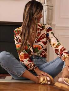 Women's Long Sleeve Shirt With Vibrant Floral Pattern, Fashion Stand Collar Polyester Front Button Blouse Vacation Spring - Multicolor - View 3