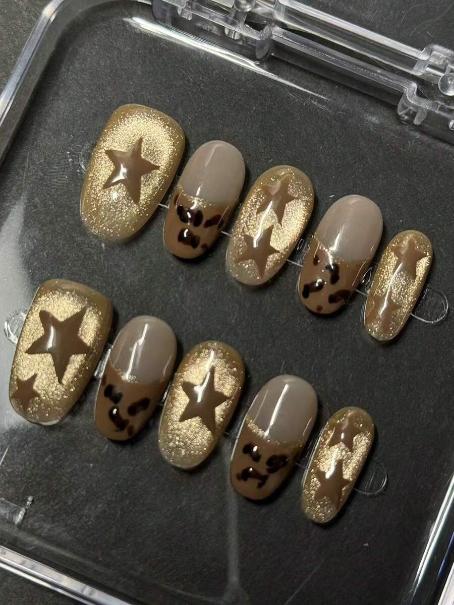 10 Handmade Press-On Nail Art Pieces, Oval-Shaped Five-Pointed Star Elements, Cat-Eye Brown Leopard Print, Cute Nail Art. Removable And Reusable, Suitable For Women, Perfect For Vacations, Holidays, Or Everyday Wear. Nails Nail Supplies - Rust Brown - View 1