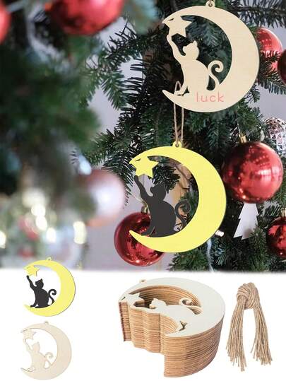 20pcs Cat & Moon Unfinished Wooden Pieces, DIY Pet House Hanging Decor, Painting Craft Kit, Pendant, Home Decor, Party & Holiday Decoration
