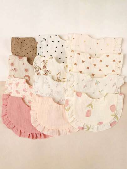 2pcs Baby Bibs With Floral Print & Ruffle Trim, Soft Cotton Gauze Drool Bibs, Newborn Infant Feeding Bibs, Tulip & Heart Print Baby Drool Bibs, Great Gift For Valentine's Day
