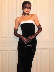Women's Elegant Black White Contrast Tube Midi Dress, Bow Detail Strapless Bodycon Party Dress Wedding Spring - Black - View 2