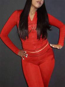 Spring And Summer Leopard Print 2 Pieces Set Causal Street Outfits Women Y2K Fashion Long Sleeve Zip Hooded Crop Tops Pants Set - 紅色 - 查看 7