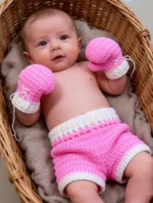 可爱婴儿拳击手套套装 新生儿摄影道具 手工编织小拳击手套短裤 影棚拍照配件 - 彩色 - 查看 7