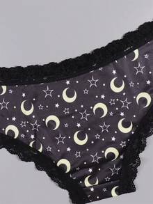Dircho 5件套女士神秘印花三角裤套装，包含星空、蘑菇、鹿图案，黑色蕾丝边饰，柔软面料，深色调，日常舒适内衣，迷人休闲风格 - 彩色 - 查看 7