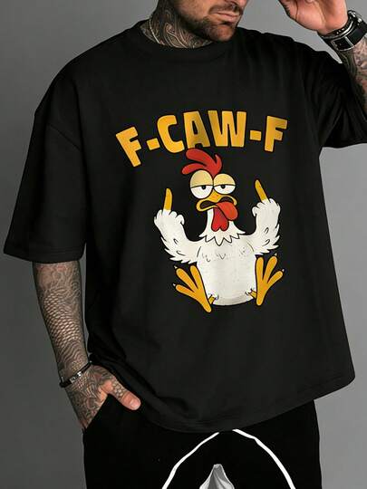 YUNCHIC - Camiseta de cuello redondo minimalista estilo estadounidense para hombres, con gráfico de letra y gallo, casual vintage cómoda, adecuada para uso diario en verano