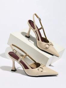 2026 New Metal Buckle Non-Fatiguing Red Sole Cloth Women's High Heel Pumps, Thin Heel Pointed Toe Asymmetric Heel Elastic Back Closed Toe Sandals, Elegant Women's High Heels - Apricot - View 7