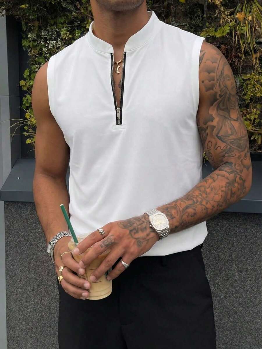 Men's Summer Half Zip Henley Neck Tank Top - White - View 1