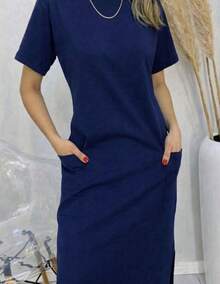 Cotton Midi Dress With Pocket - Navy Blue - View 2